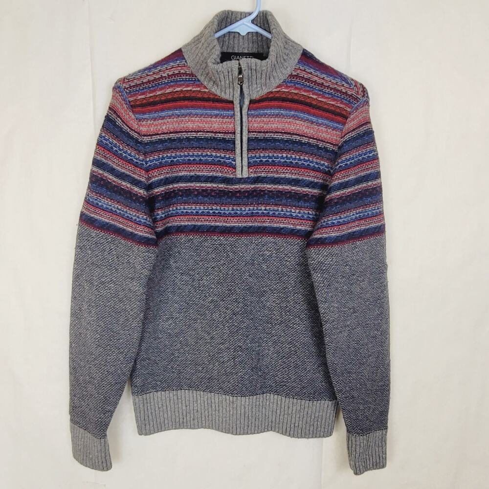 Gianetti grey fair isle wool quarter zip sweater size medium Preppy Cabin Ski